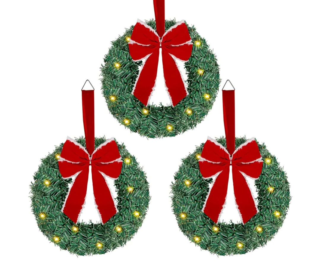 ATDAWN 3 Pack Mini Christmas Wreath, Lighted Christmas Front Door Wreath, Xmas Wreath for Holiday Christmas Party Decorations (Red Bow)