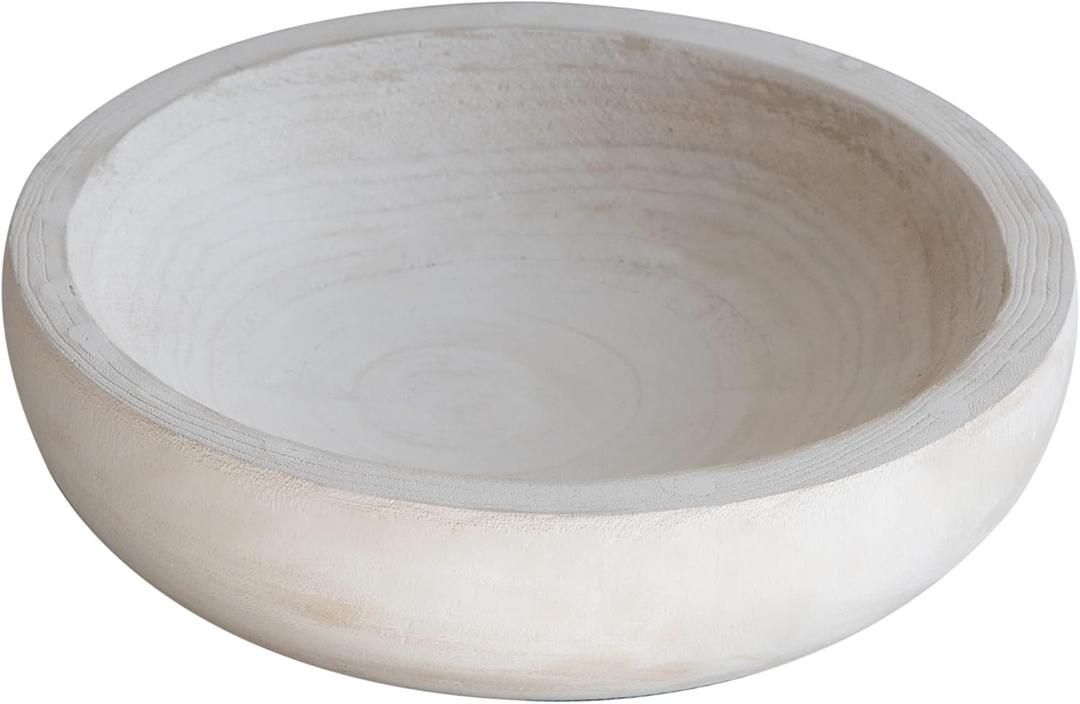 COLLECTIVE HOME - Paulownia Wood Hand Carved Tray, Fruit Snack Holder, Decorative Bowl, Rustic Home Decor Accessories for Coffee Table, Living Room, Wedding Centerpiece, 10", Washed White 