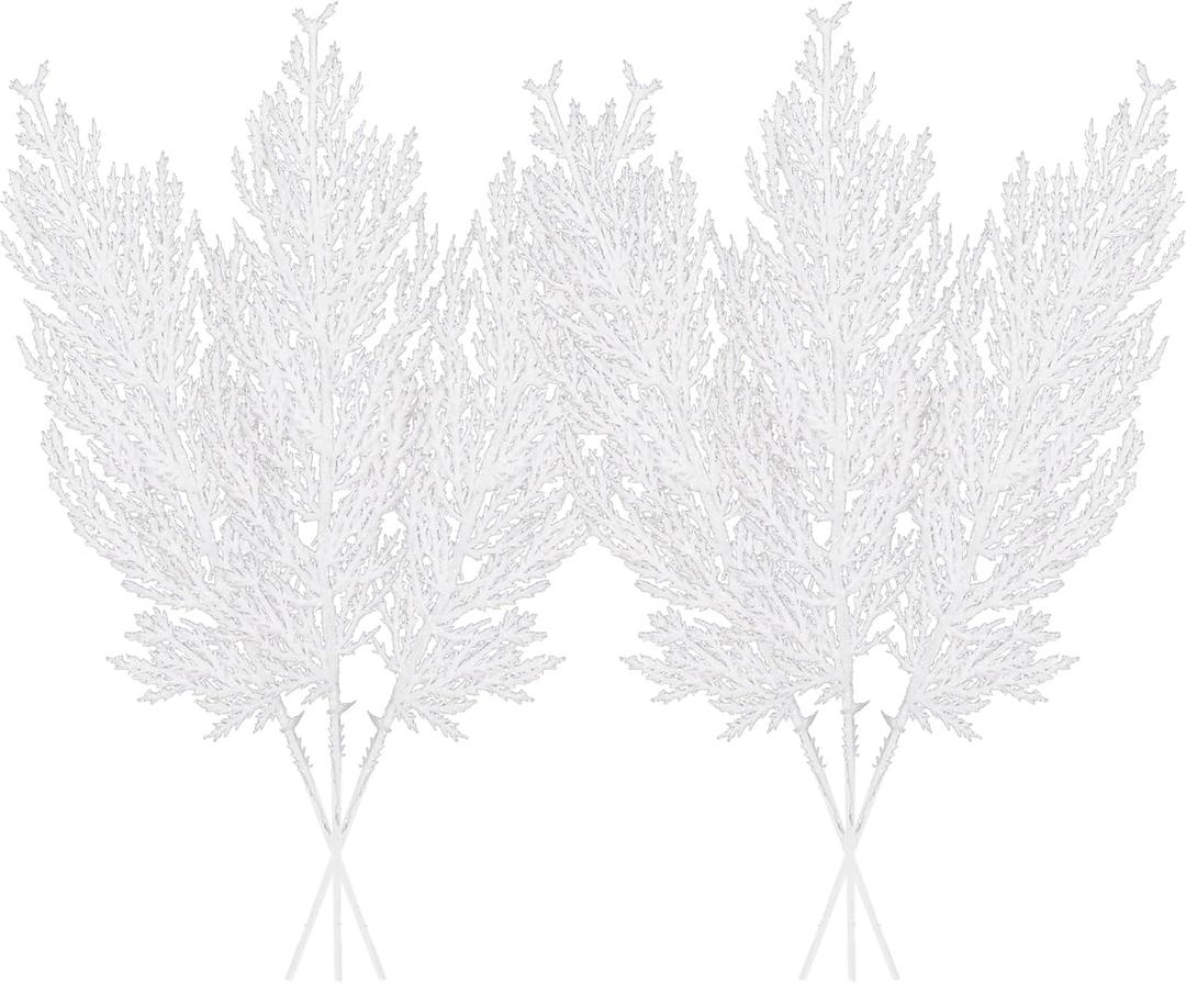 Christmas Glitter Twig Stems 24pcs Artificial Pine Tree Picks for Christmas Tree Ornaments fillers, DIY Xmas Wreath, Crafts, Garland, Holiday, Party, Wedding and Home Decoration (White)