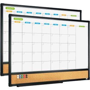 JILoffice Magnetic Calendar Whiteboard & Bulletin Corkboard Combination, Combo Board 24 x 18 Inch, 2 Pack, Black Aluminum Frame Wall Mounted Board for Office Home and School with 10 Push Pins