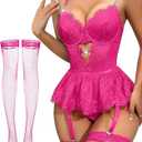 Avidlove Sexy Lingerie for Women Naughty Lace Bodysuit Lingerie Skirt Set Teddy Babydoll Nightgown with Garter (No Stocking) (Medium, Pink)