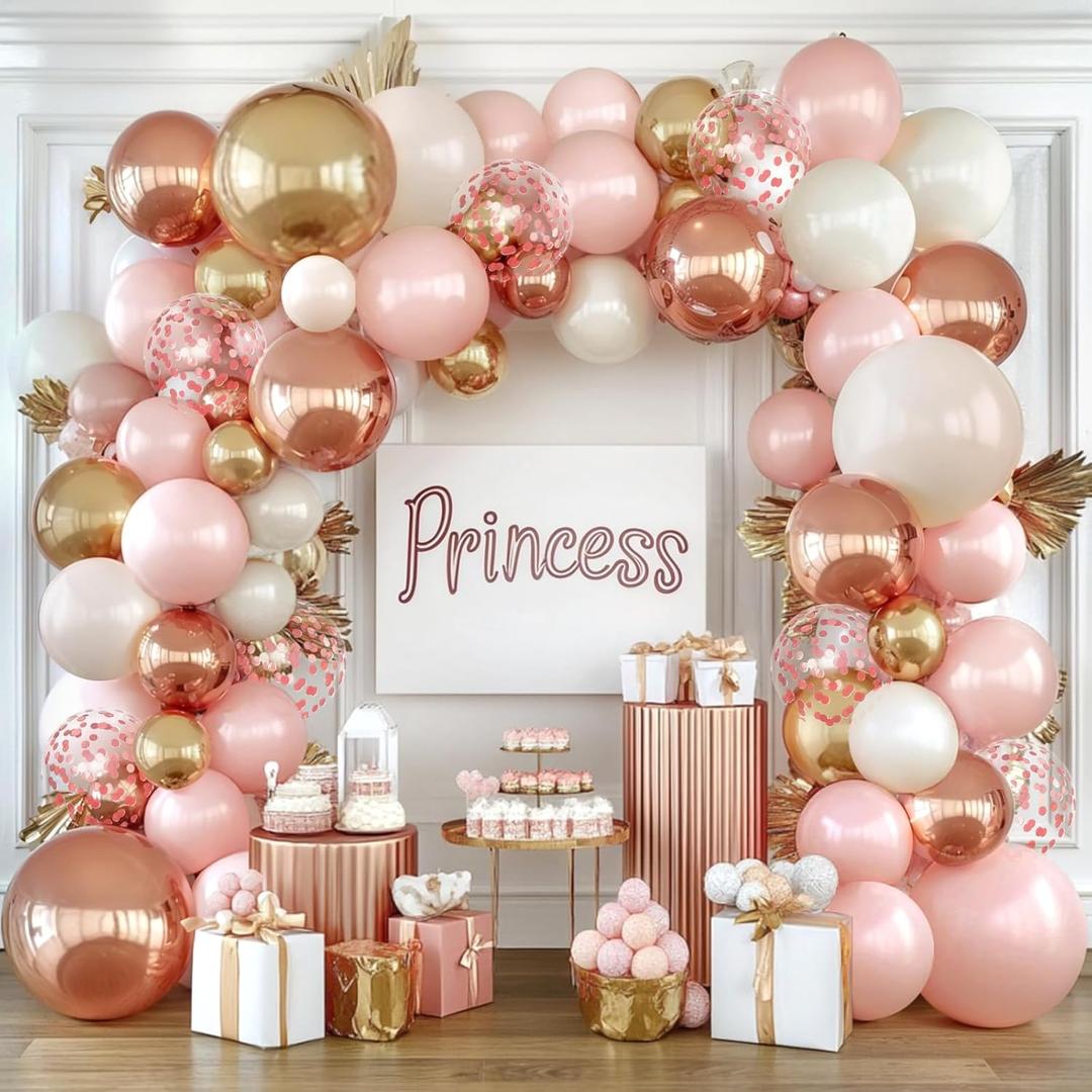 Rose Gold Pink Balloon Arch Kit, Double Stuffed Pearl White Rose Gold Metallic Light Pastel Pink Balloons Garland Kit for Birthday Bridal Shower Wedding Party Decorations