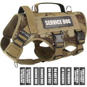 WINSEE Service Dog Vest Harness for Large Dog, Tactical Working MOLLE Vest with 10 Pet Patches, No Pull Heavy Duty Harness for Training Walking (Camo Desert) L