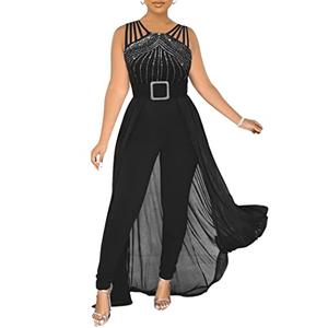 chicyes Women's One Piece Elegant Overlay Jumpsuits Dressy Plus Size Sexy Formal Sleeveless Rhinestone Romper Club Outfits Black XXL