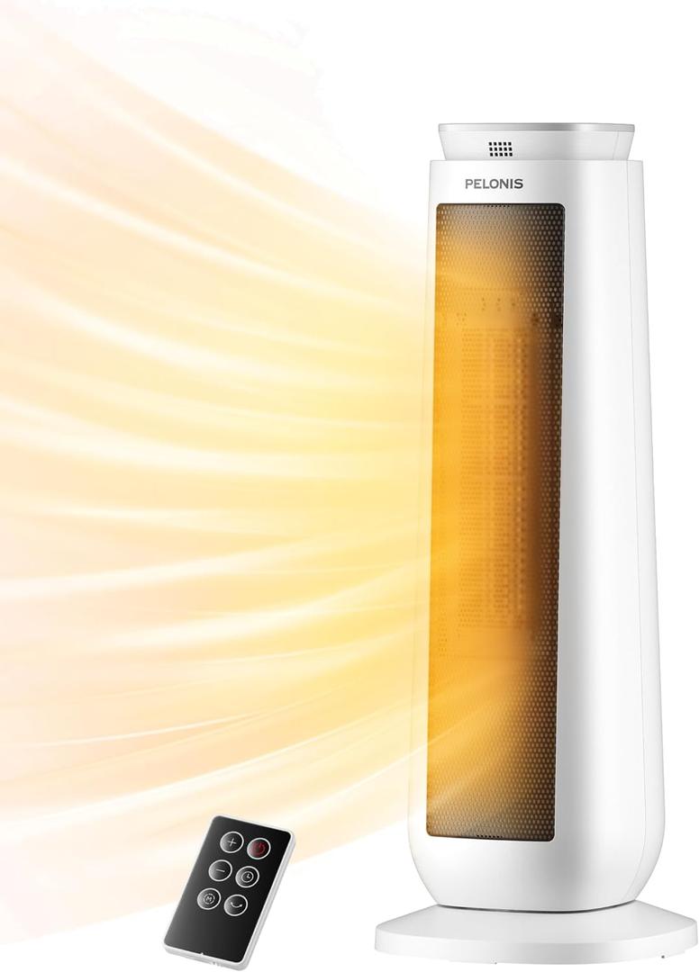 PELONIS 23 Oscillating Ceramic Tower Space Heater with Remote & Thermostat, Electric Energy Efficient Floor Heater for Indoor Use Large Room Safe with Timer, ECO Mode, 1500W, White