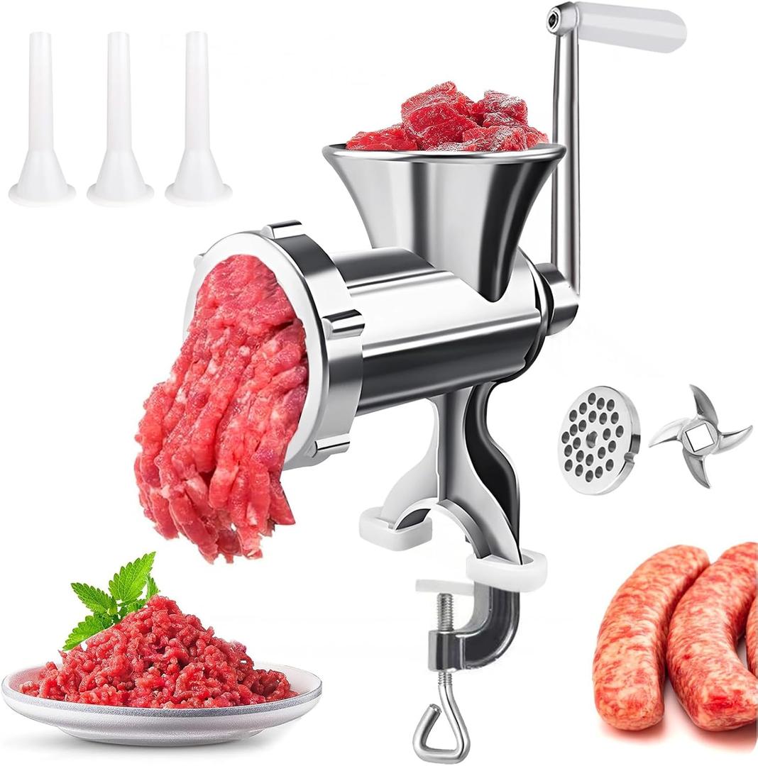 3 In 1 Meat Grinder Manual Mincer - Manual Meat Grinder Sausage Maker Meat Grinders For Home Use Fast And Effortless For All Meats (Silver) (#10)