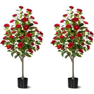 4FT Artificial Camellia Tree 2 Pack, Faux Floral Plant in Cement Pot Fake Silk Camellia Plants for Home House Living Room Office Decor