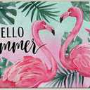 Hello Summer Flamingo Decorative Front Door Mat, Palm Leaves Tropical Plant Doormat Indoor Outdoor Non-Slip Floor Entryway Rug, Monstera Hawaii Seasonal Home Kitchen Decoration 17x29 Inch