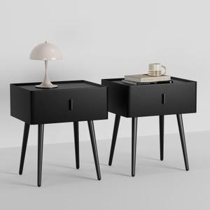 Nightstand Set of 2 with Single Drawer, Leather Side Table, Modern Bedside Table with Metal Legs for Bedroom, Small Accent End Table, Black