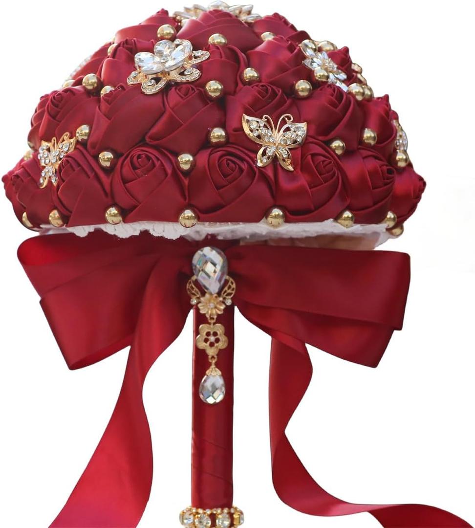 Bridal Wedding Bouquet Round Holding Bouquet Throw Toss Artificial Rose Flower Bunch for Bride Bridesmaid Wedding Quinceanera(Dark Red, 7.1")