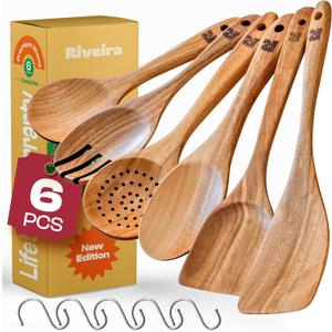 Riveira's 6-Piece Kitchen Essentials - Wooden Spoons for Cooking and Comprehensive Cooking Utensils Set (Light Teak)