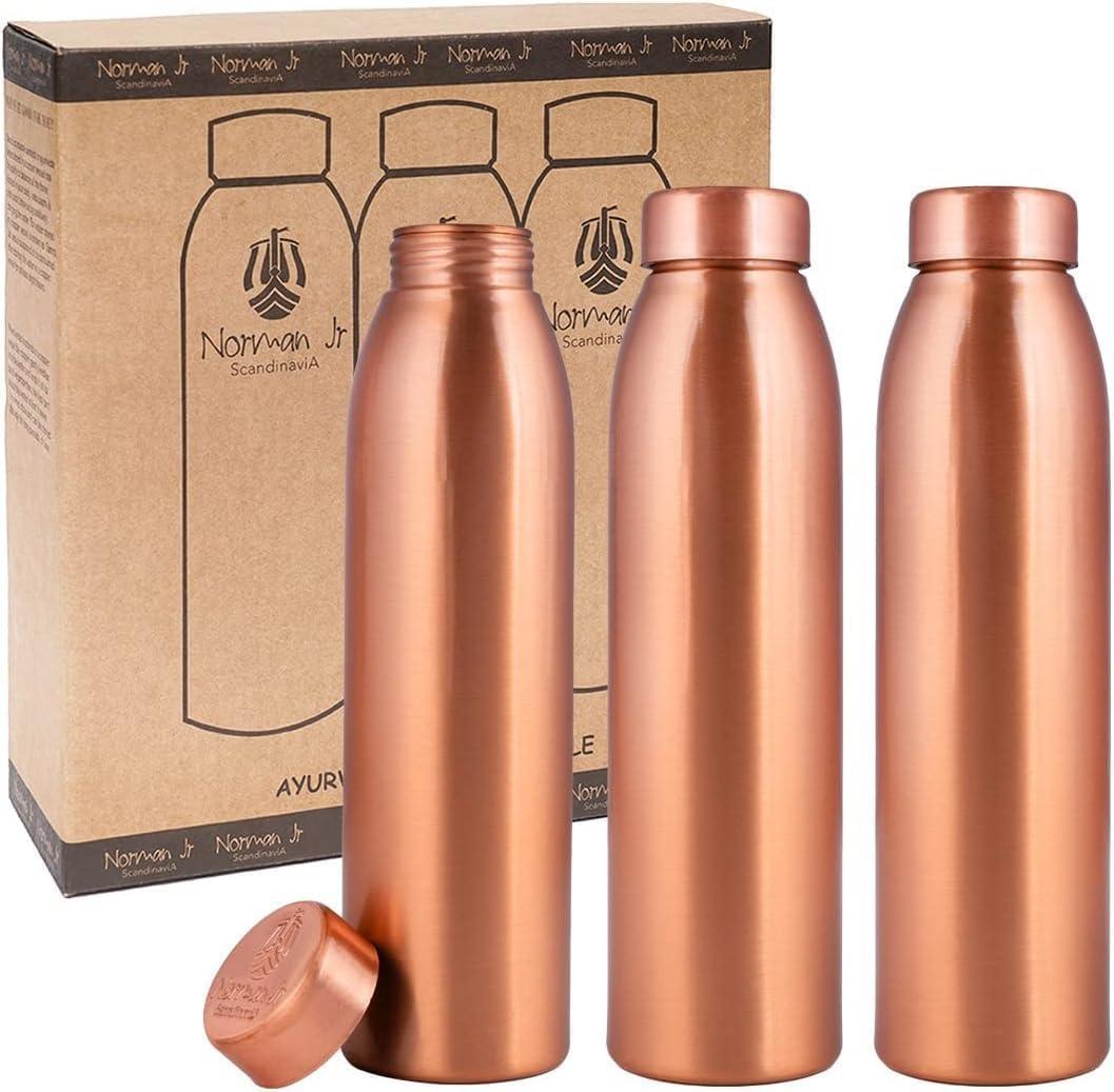 NORMAN JR, Copper Water Bottle 1L - Gift Box of 3, Plain, an Ayurvedic vessel made of pure copper - helps you drink more water with many health benefits