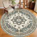 Washable Oriental Area Rug - 9ft Round Rugs for Living Room Soft Carpet for Bedroom Waterproof Floral Distressed Indoor Stain Resistant Non-Shedding Floor Carpets (Blue, 9ft-Round)
