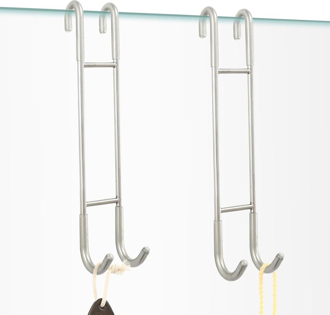 NINETREX Shower Door Hooks,Towel Hooks for Bathrooms Frameless Glass Door,Heavy Duty SUS 304 Stainless Steel Hook for Towels,Squeegee,Loofah,Shaver,Robe,2 Pack,Silver,10Inch (Brushed Nickel)