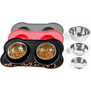 Conlun Dog Bowls with Silicone Feeding Mat, No Spill Food Water Dish Set, Dishwasher Safe, 2 Stainless Steel Puppy Bowls, Suitable for Tiny Dogs Kittens Cats Rabbits Pets under 8lbs, Extra Small,Black
