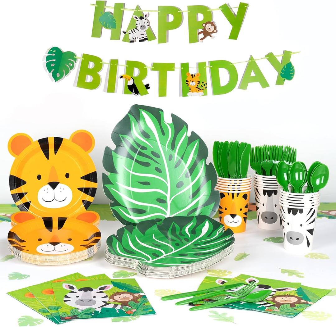 DECORLIFE Safari Theme Party Supplies Serve 24, Animal Safari Plates and Napkins Party Supply for Jungle Birthday Decorations, Includes Safari Goodie Bags, Tablecloth, Banner, Total 218PCS