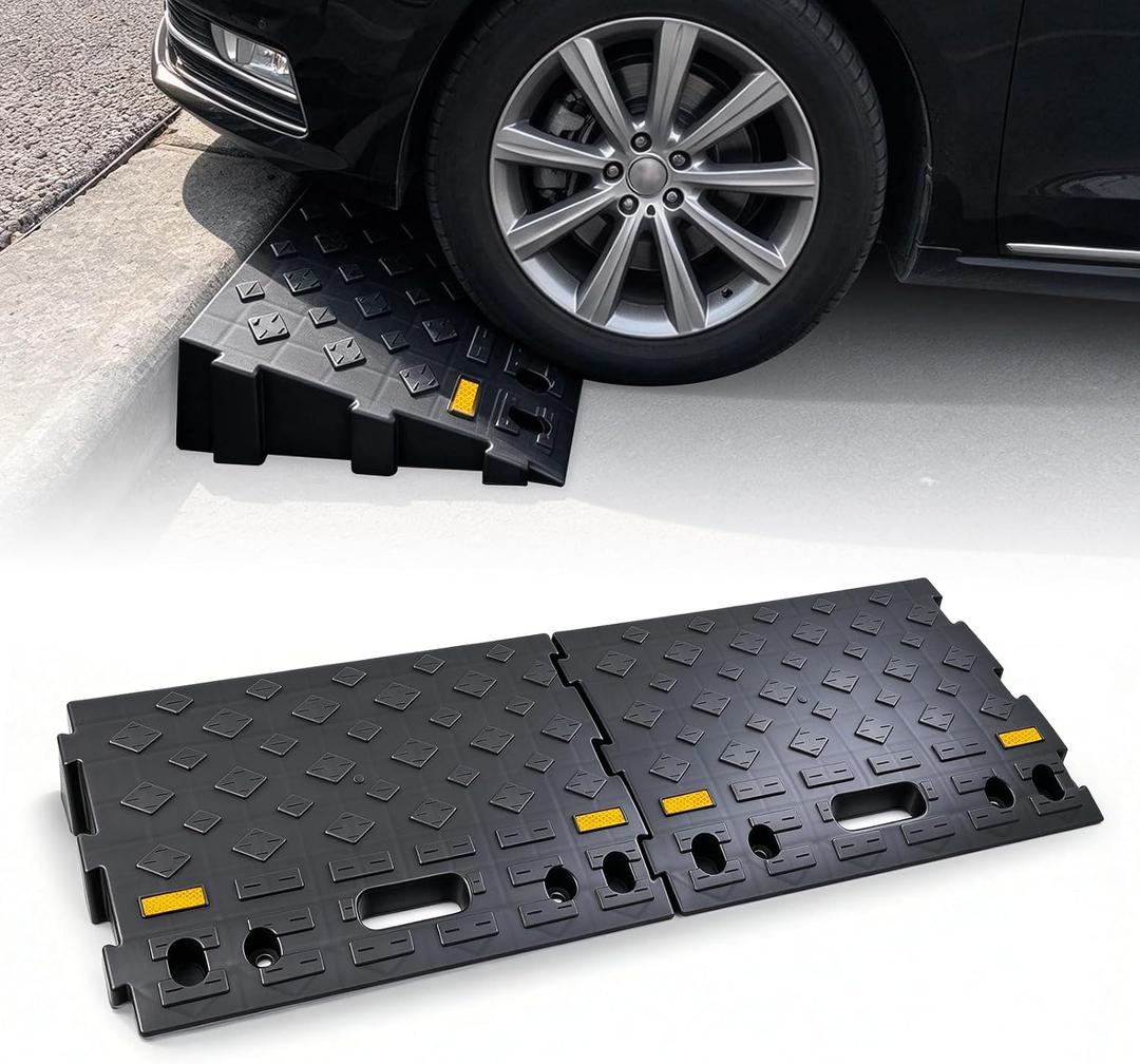 4" high 2-Piece Portable Automotive Curb Ramp, Heavy-Duty Plastic Threshold Ramp Track Interlocking Step Ramp Structure 6600 Lbs Load Capacity for Cars, Wheelchairs, Bikes, Motorcycles