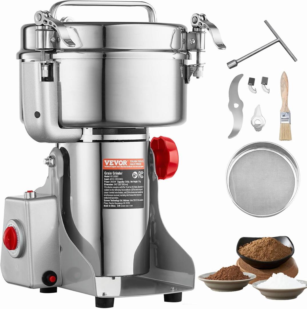 VEVOR 2000g Electric Grain Mill Grinder, High Speed 3400W Commercial Spice Grinders, Stainless Steel Pulverizer Powder Machine, for Dry Grains Spices Cereals Coffee Corn Pepper, Swing Type