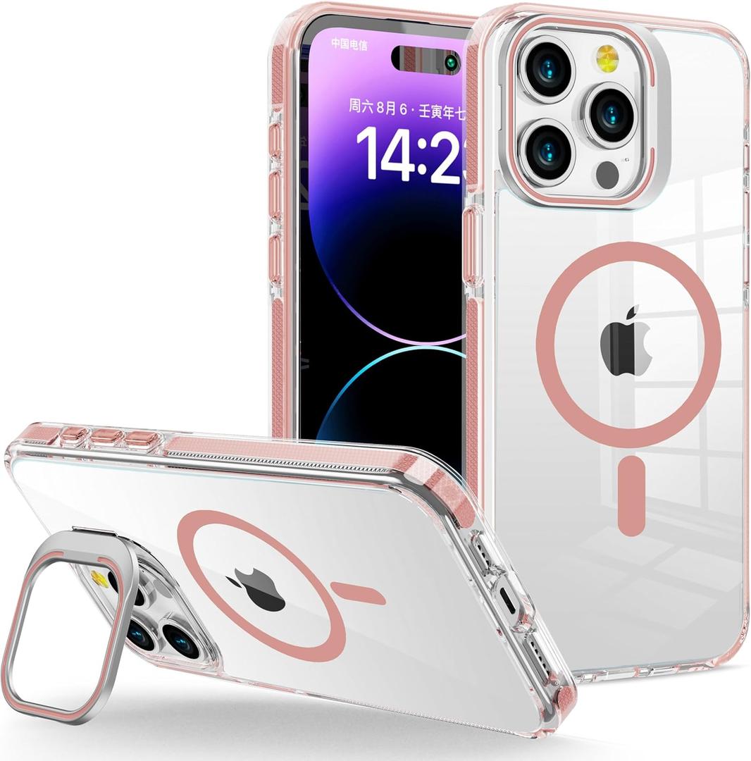 for iPhone 11 Pro Max Case Clear with Kickstand and Screen Protector - Wireless Charging Compatible,21ft Military-Grade Drop TestedShockproof Slim Fit Magnetic Crystal Cover - Pink