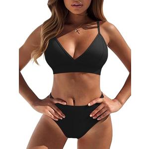 OQQ 2 Piece Bikini Set V Neck Popular Swimsuit High Waisted 2026 Summer Beach Swim Bathing Suits Black, Medium