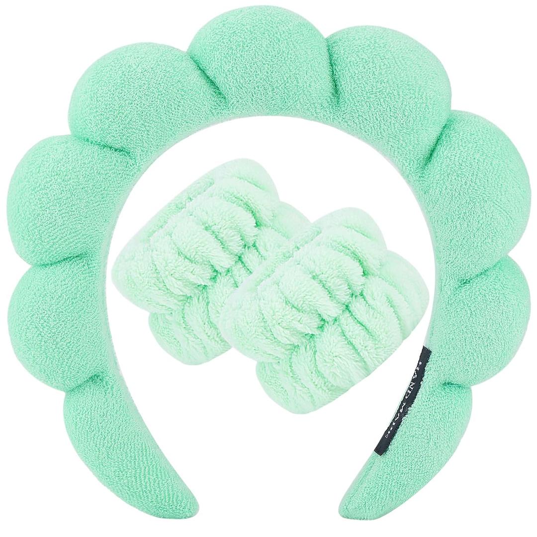 4 x Zkptops Spa Headband for Washing Face Wristband Set Sponge Makeup Skincare Headband Wrist Towels Bubble Soft Hairband for Women Puffy Headwear Winter Non Slip Thick Thin Hair Accessory(Light Green-3)