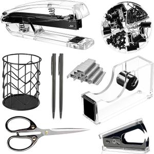 Office Desk AccessoriesOffice Supplies Set Acrylic Stapler Set Staple Remover, Tape Holder, Pen Holder, 2 Ballpoint Pen, Scissor, Binder Clips, Paper Clips and 1000pcs Staples(Black)