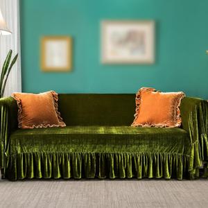Velvet Sofa Cover Soft Decorative Luxurious Solid Exquisite Ruffle Trim, Retro Farmhouse Vintage Sofa Slipcover Couch Cover for 2-3 Cushion Sofa for Living Room 1PC, 88x134 Inch (Olive Green)