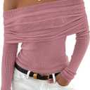 ZESICA Long Sleeve Shirts for Women Ribbed Knit Off Shoulder Slim Fit Going Out Tops Outfits 2025 Trendy Fashion Clothes,Dark Pink, Medium