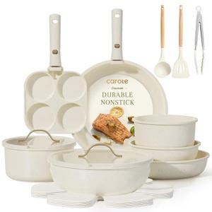 Carote 19Pcs Pots And Pans Set Non Stick, Cookware Set With Detachable Handle, Kitchen Cookware Sets With Removable Handle, Cookware Set, Oven Safe, Cream White