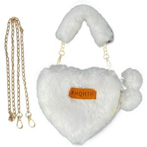 Faux Fur Evening Handbags Heart Shaped Clutches for Women Fluffy Shoulder Bags Metal Chain Strap (White)