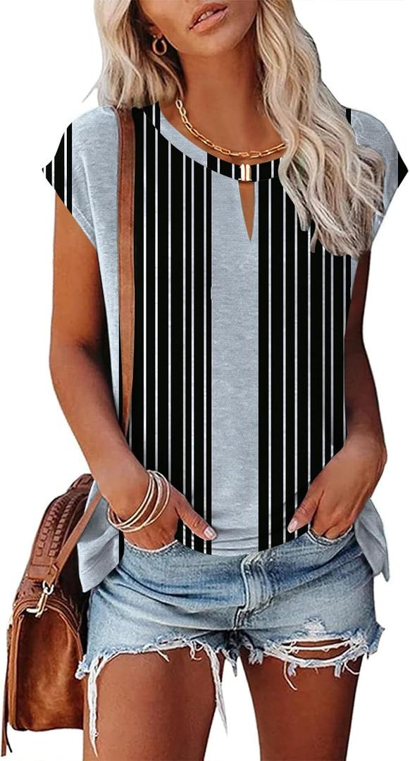 Kistore Women's Summer Casual V Neck Tank Tops Cap Sleeve Loose Fit Blouses Tunic Shirts (Black, S)