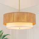 SineRise 18'' Farmhouse Rattan Chandeliers for Dining Room,3-Light Boho Light Fixtures Rattan Pendant Light Fixture with Fabric Shade Drum Chandeliers for Bedroom Dining Room Foyer Kitchen Hallway (Gold)