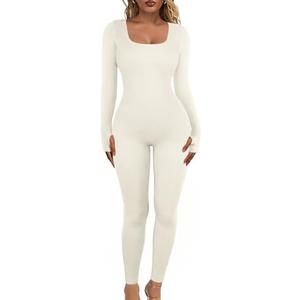 Vigorics Women's Yoga Long Sleeve Jumpsuit with Tummy Control Workout Ribbed Bodysuit Square Neck Bodycon, Medium