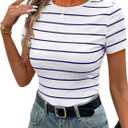 LilyCoco Womens Striped Short Sleeve T Shirts Crewneck Knitted Top Fitted Tee Blue Large (L)