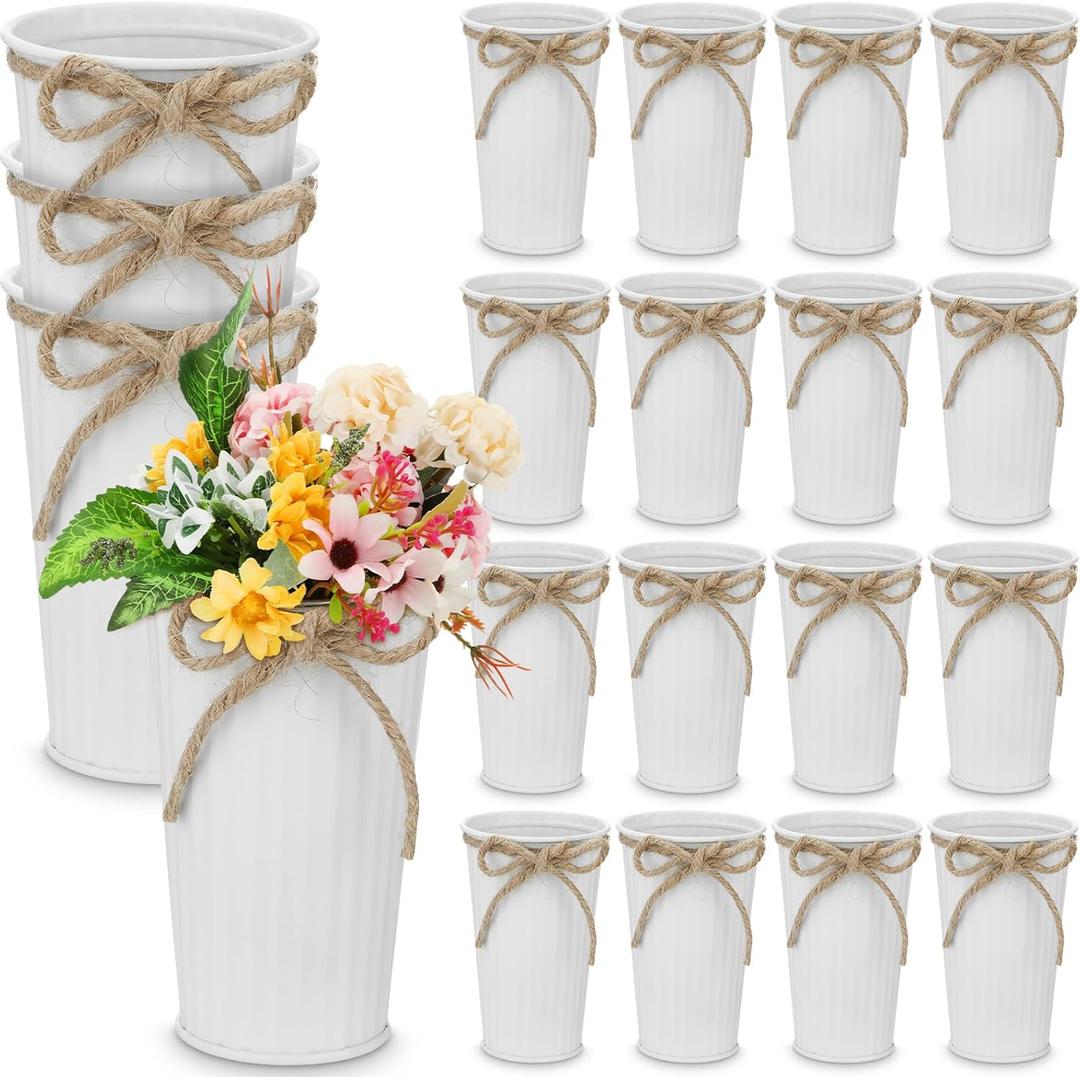 20 Pack 4.3 Inch Galvanized Metal Flower Vases Bulk Small Floral Flower Bucket Rustic Vintage Farmhouse Vases for Centerpiece Country Wedding Party Decor Western Home Table(White)