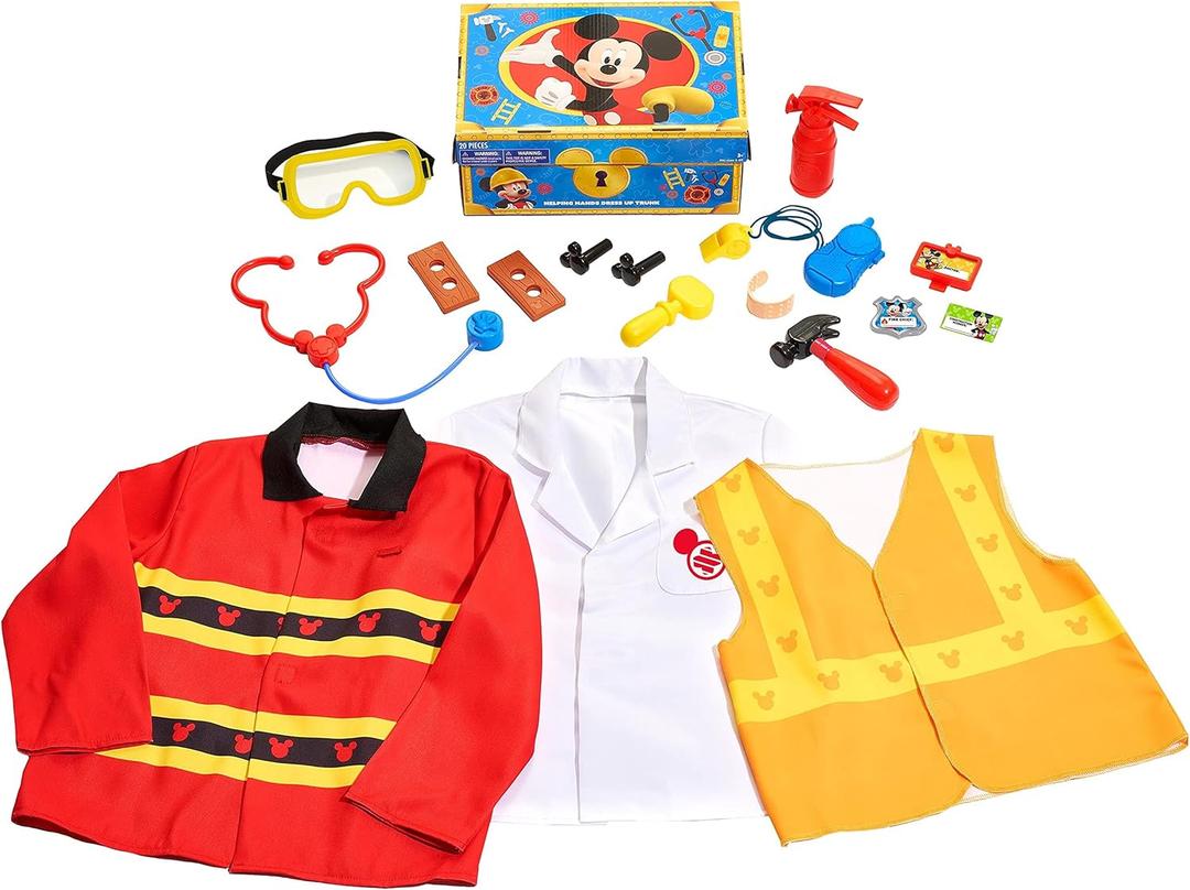 Disney Junior Mickey Mouse Helping Hands Dress Up Trunk, 19 Piece Pretend Play Set with Storage, Size 4-6X, Kids Toys for Ages 3 Up