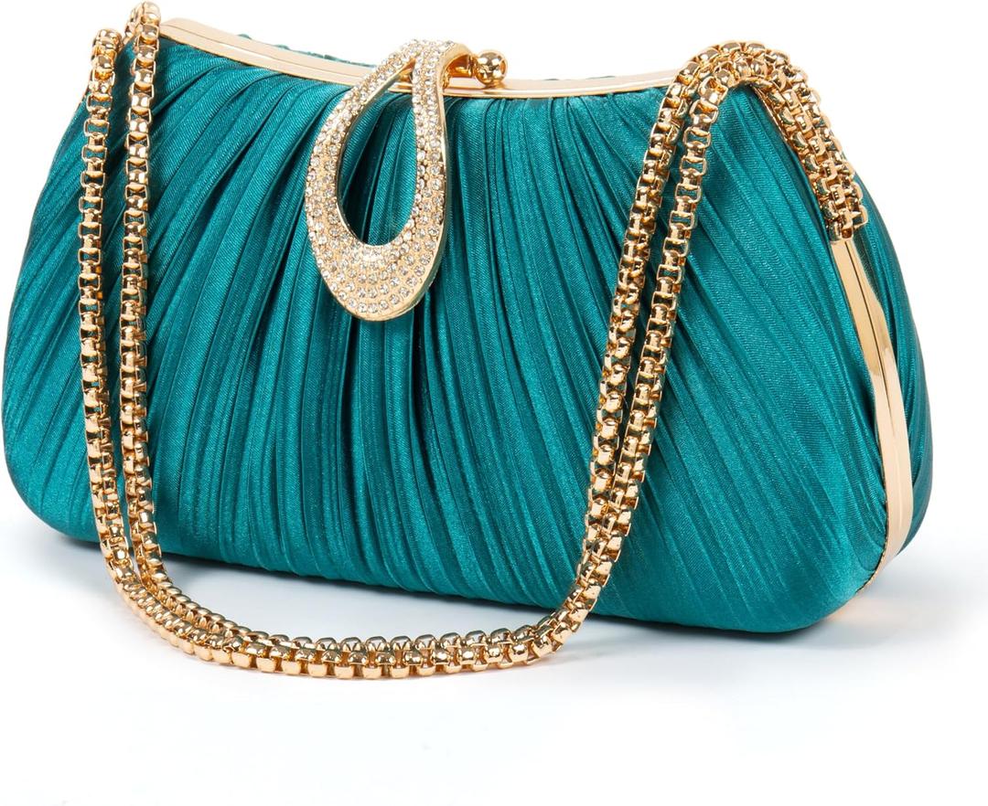 Womens Pleated Satin Clutch Purse Evening Bag with Rhinestone Clasp & Detachable Chain Formal Party Wedding Handbag