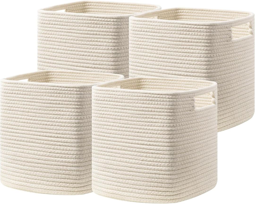 UBBCARE Set of 4 Storage Cubes-11 X 10.5 X 10.5 In, Cotton Rope Basket for Shelves, Toys, Book, Cube Storage Bin with Handles, Woven Storage Basket for Organizing, Beige