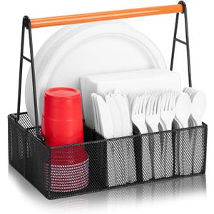 Paper Plate Organizer with Handle for Countertop, Metal Silverware Caddy for Cups, Napkins, Paper Plate and Utensil Holder, Cutlery Caddy for Party, Camping, Picnic (Black)
