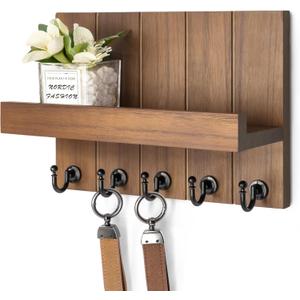 Rebee Vision Decorative Key Holder Wall Mount - Rustic Key Holder for Wall with Shelf and Mail Organizer for Living Room Decor - Home Essentials for Home Improvement (Brown, 3.54" x 10" x 7.28")