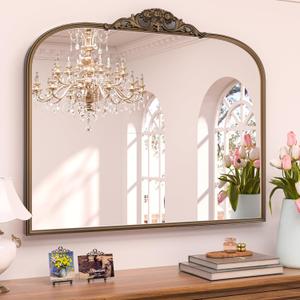 Keonjinn Vintage Gold Mirror, 40" x 30" Large Arched Mirrors with Metal Frame for Wall, Brass Baroque Mirror, Ornate Decorative Mirror for Mantle, Bathroom, French Cleat Mounting