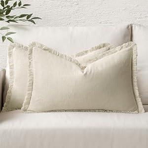 MIULEE Set of 2 Linen Throw Pillow Covers Decorative Lumbar Pillow Covers Farmhouse Style Boho Cushion Covers Natural Beige Pillow Covers with Fringe for Living Room 12x20 Inch