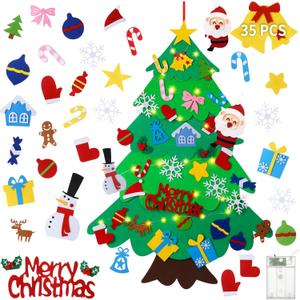 DIY Felt Christmas Tree for Toddlers 3.6ft with 35 Detachable Decorations, Christmas Decorations with String Light (Batteries Not Included), Wall Hanging