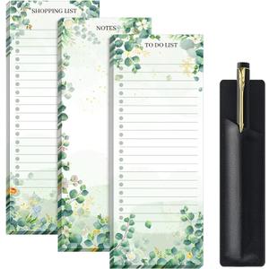 Epakh 3 Sets Grocery List Magnetic Notepad for Fridge with PU Leather Pen Holder Refrigerator Note Pad Magnet Shopping List Memo Notepads 3 x 7.9 Inch(Eucalyptus Leaf)