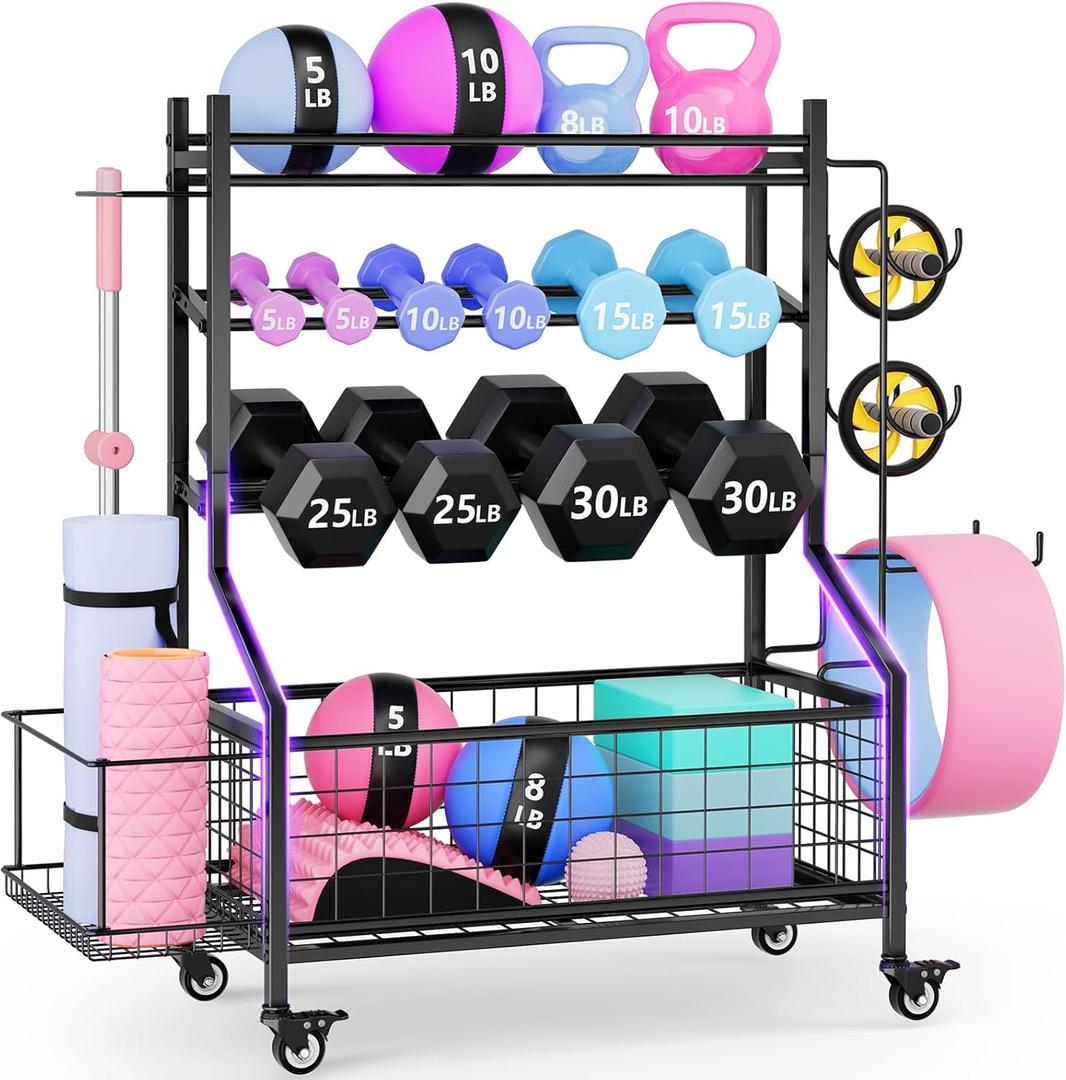 WUC Dumbbell Rack, Adjustable Weight Rack for Home Gym Storage, All-in-One Workout Storage Racks with Wheels and Hooks for Dumbbells, Kettlebells, Yoga Mats & Balls, Durable Powder Coated Steel, Black