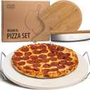 Cuzi Gourmet XL 4-Piece Pizza Stone Set - 15" Thermal Shock Resistant Cordierite Baking Stone, 22" Natural Bamboo Peel & Cutter Rocker - Large Stone for Grill and Oven