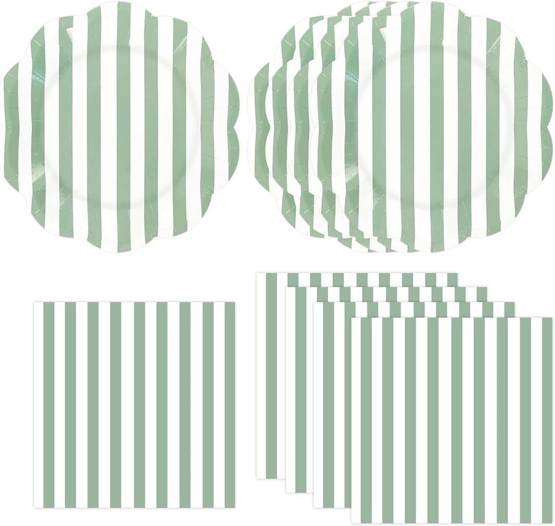 50PCS Sage Green Striped Paper Plates and Napkins Party Supplies, Green and White Scalloped Party Plates and Napkins Tableware Set for Birthday Bridal & Baby Shower Wedding Party Decoration