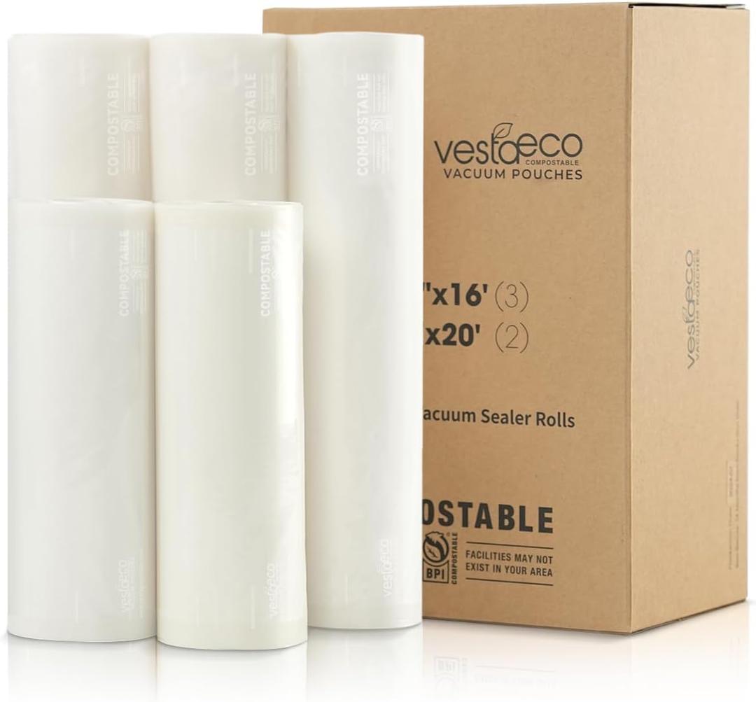 VestaEco Compostable Vacuum Sealer Bags for food, 3 Rolls 11" x 16' and 2 Rolls 8" x 20', Heavy-Duty Embossed Vacuum Seal Bags, Customized Size for Meal Prep/Sous Vide Cooking, BPA-Free
