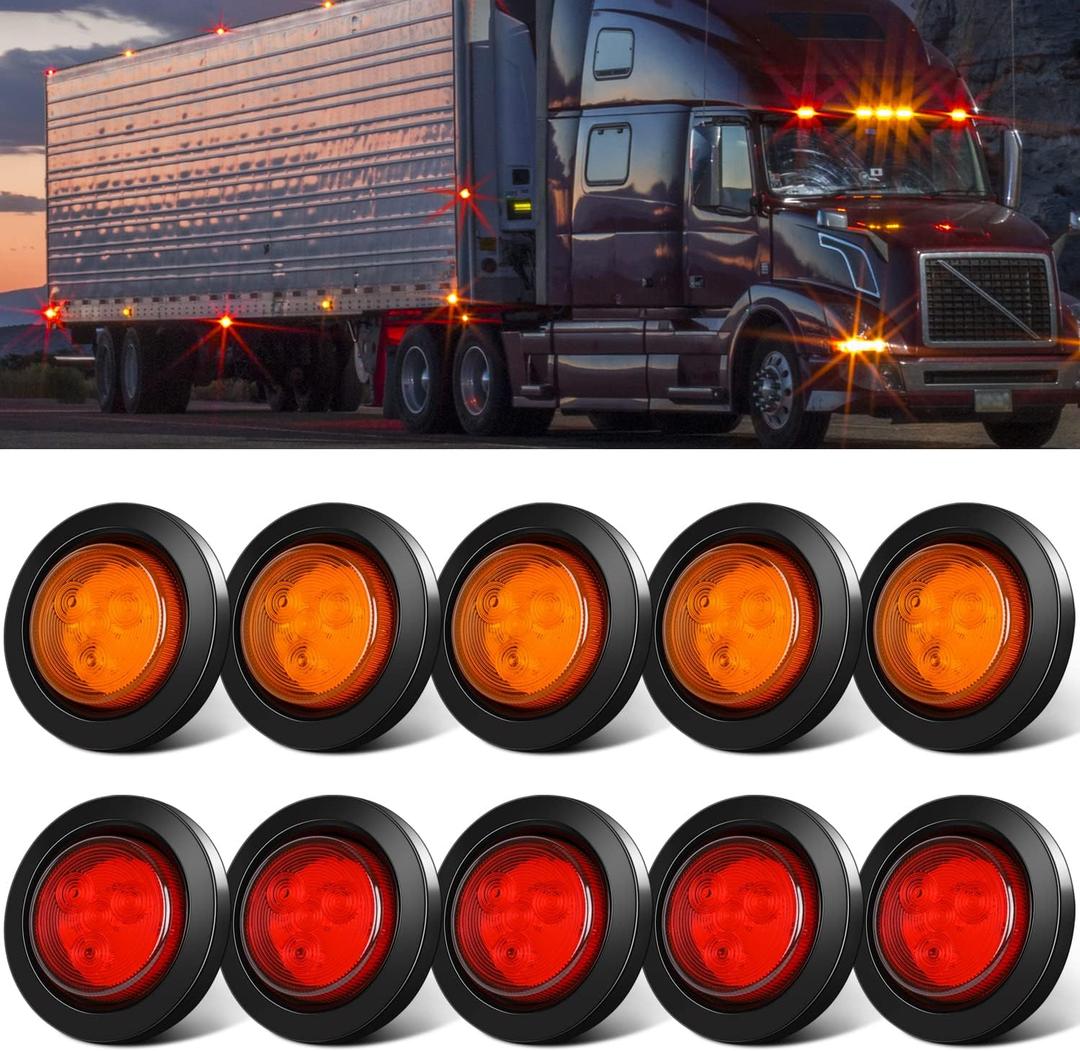 10 Pack (5 Amber + 5 Red) 2" Round LED Side Marker Light, Super Bright 12-24V Grommet Flush Mount 4 LED Clearance Lights W/ Rubber Gaskets for Trucks Trailers RV Camper, DOT Approved, IP67 Waterproof