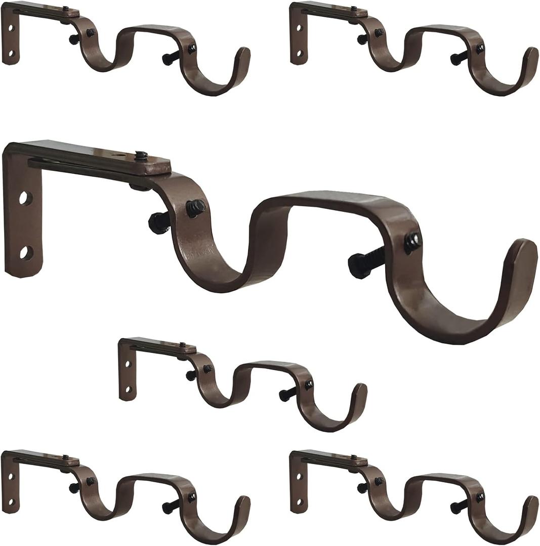 Heavy Duty Curtain Rod Brackets, Fits up to 1 inch Rods, Adjustable Double Curtain Rod Holders, Set of 6, Bronze